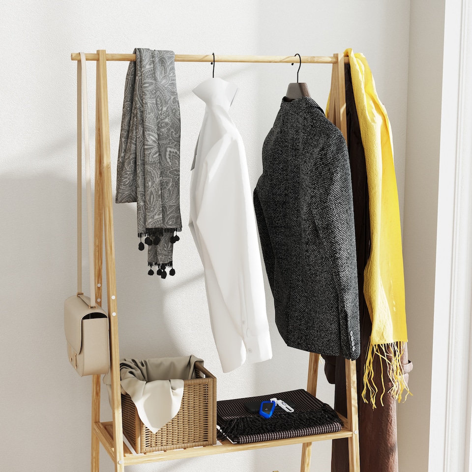 image 1 of HOMCOM Bamboo Clothes Rail Rack with 2 Storage Shelves and 2 Hooks, Freestanding Open Wardrobe Coat Stand with Wheels for Entryway, Bedroom, Natural Wood Effect