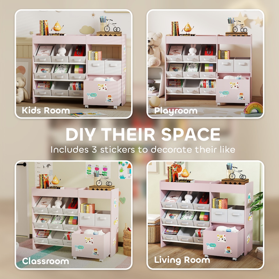 image 1 of AIYAPLAY Kids Toy Storage Unit, Children Toy Box Organiser with 11 Fabric Bins, Cabinet, Top Shelves, 3 Stickers, Kids Storage Unit Bookshelf for Nursery, Playroom, Kindergarten | Pink