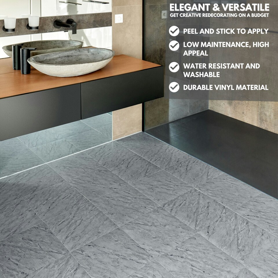 image 1 of Vinyl Floor Tiles Self Adhesive – 30 Pack Covers 30 sqf (2.79sqm) – 12x12in (30.5x30.5cm) Waterproof Peel & Stick Vinyl Flooring for Kitchen, Bathroom & Home Grey Marble