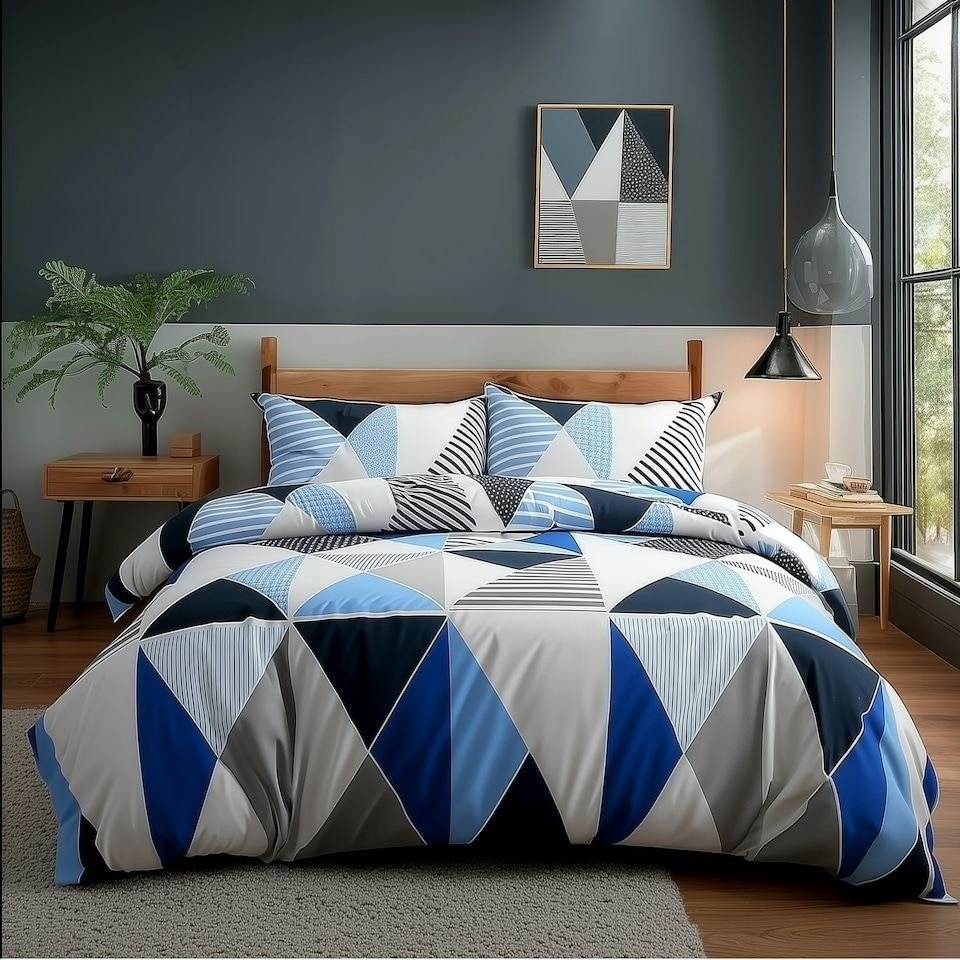 image 1 of Duvet Cover And Pillowcase Set Multi Colour Triangle Design Polycotton Bed Linen White | White | Double