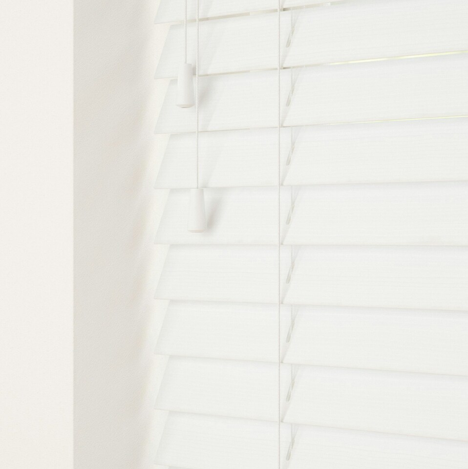 image 1 of 150cm Ultra White Smooth Finish Faux Wood Venetian Blinds with Strings  (120cm Drop) | White | White