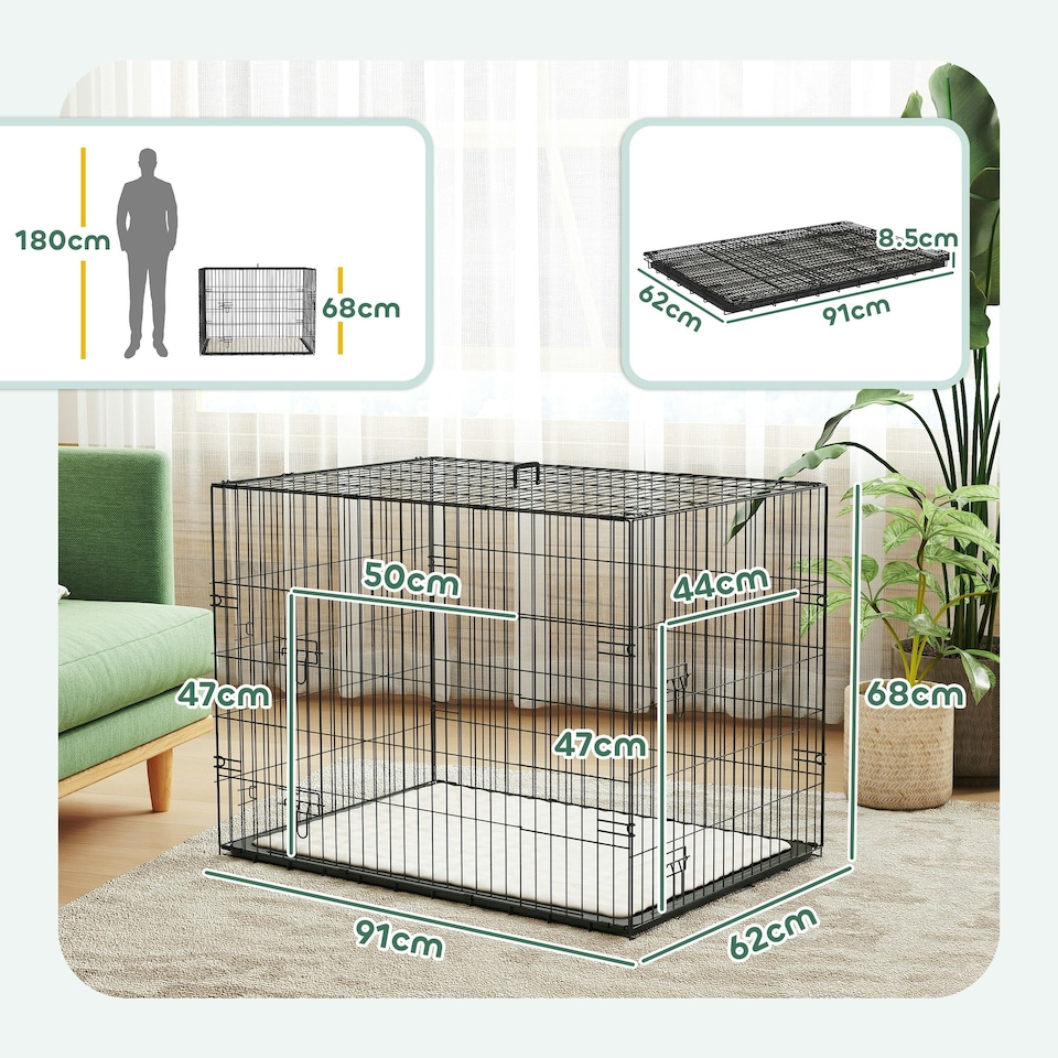 image 1 of PawHut Dog Crate with Two Doors, Tray, Soft Cushion, for Large Dogs, Black