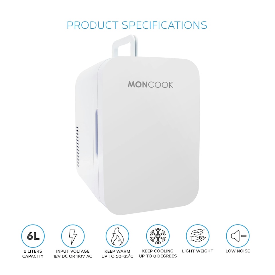 image 1 of MONCOOK Mini Fridge For Bedrooms - Small, Portable & Quiet - Glass Door Mini Fridge For Skincare, Food & Drinks - Cooling & Warming Function - 6L White