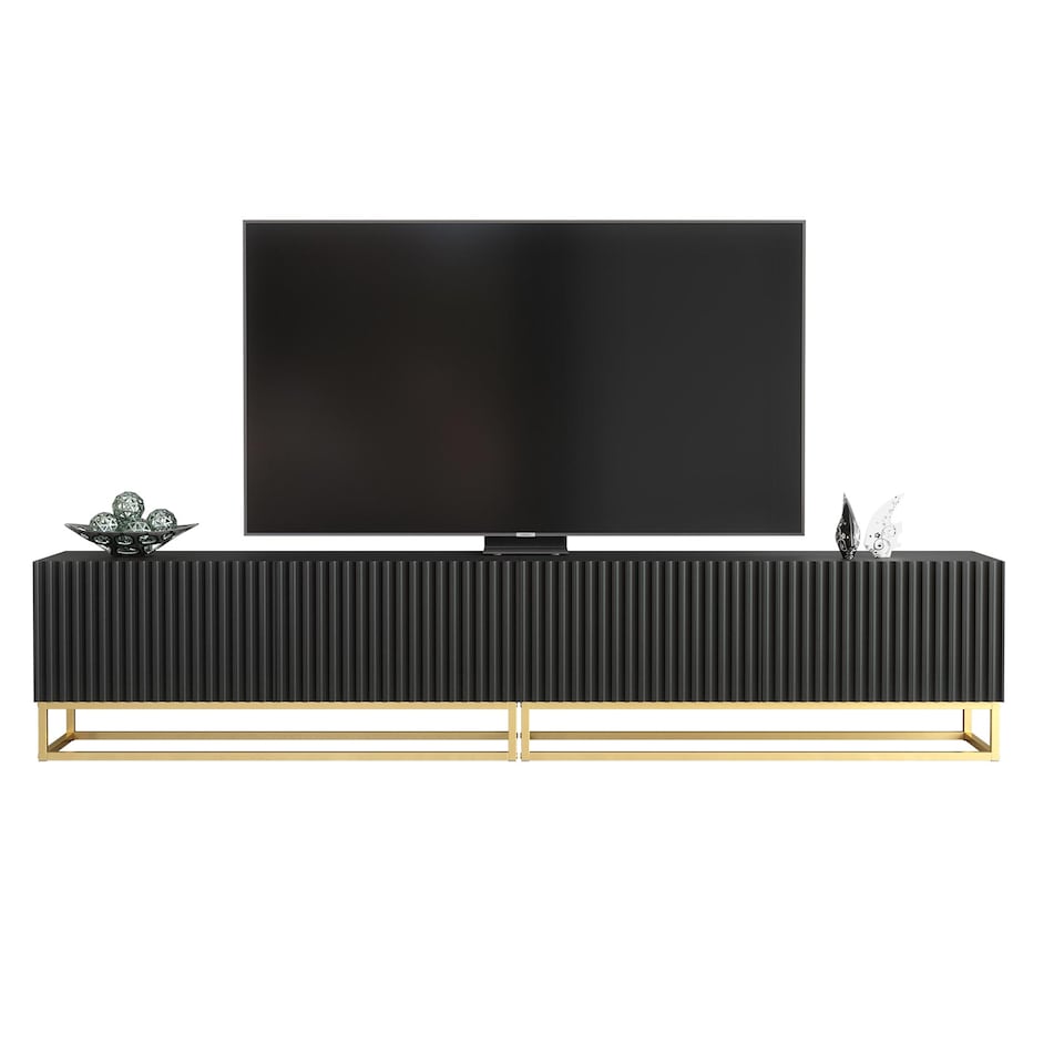 image 1 of TV Stand TV Unit Modular Media Cabinet Storage Cabinet Black Fluted Gold Legs 200cm