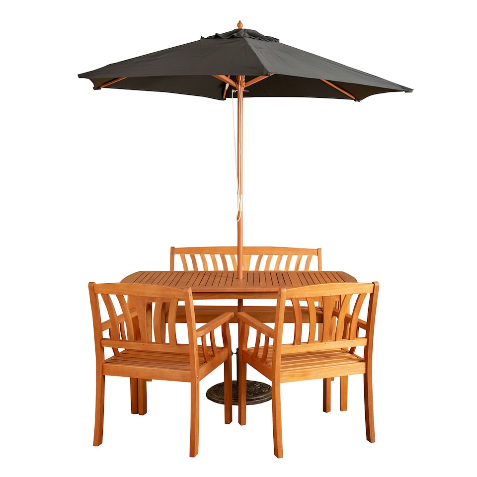 image 1 of Outdoor 4 Person Rectangular Wooden Garden Dining Table Chairs & Bench with Black Parasol & Base Furniture Set