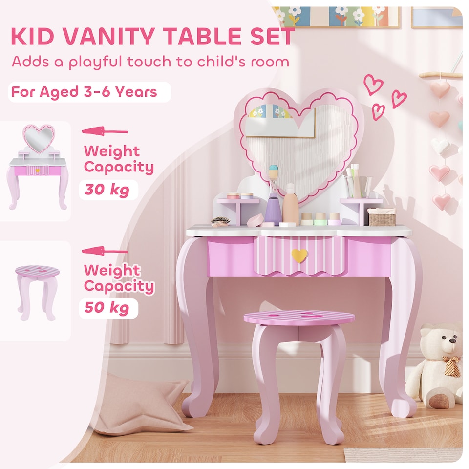 image 1 of AIYAPLAY Kids Dressing Table Set, Two-Piece Children Vanity Table with Stool | Pink
