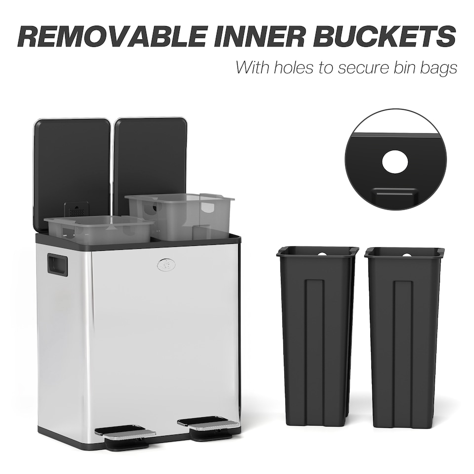 image 1 of HOMCOM Dual Kitchen Bin, 2 x 20L Stainless Steel Double Rubbish Bin with Soft Close Lid, Removable Inner Buckets, Rubbish Bags, Fingerprint-Proof for Recycling and Waste, Silver Tone