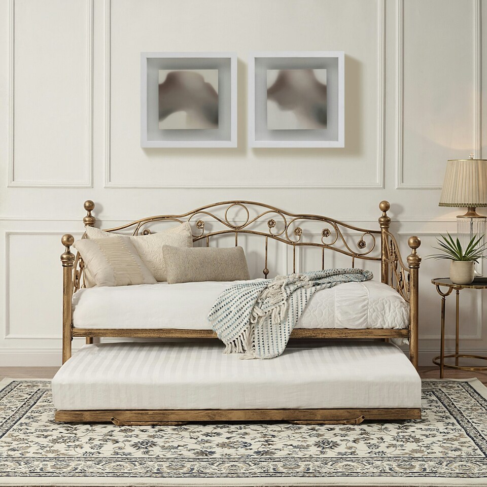 image 1 of Essendon Vintage Living Room Bedroom Brass Metal Day Bed w Trundle (Single)