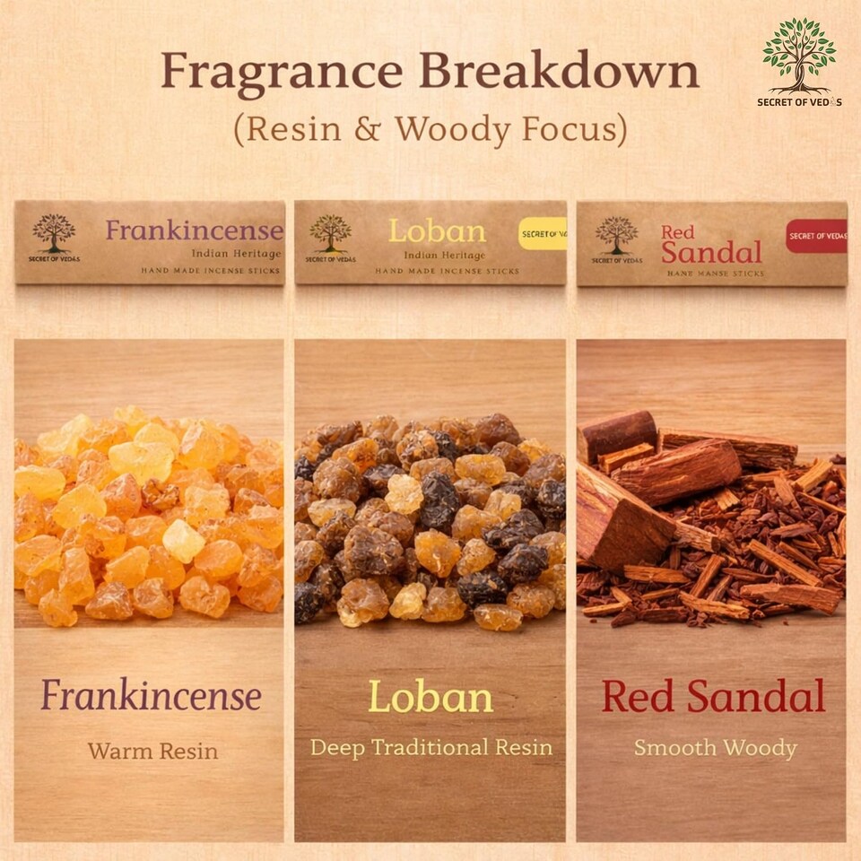 image 1 of Incense Sticks Set 3 x 20g Frankincense Loban Red Sandalwood Hand Rolled Agarbatti
