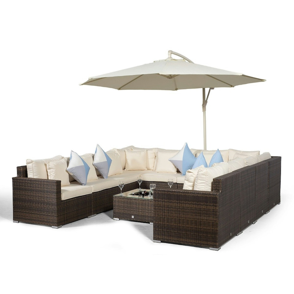 image 1 of Havana 10 Seat Rattan Sofa Conversation Set with Ice Bucket Coffee Table Brown | Ivory