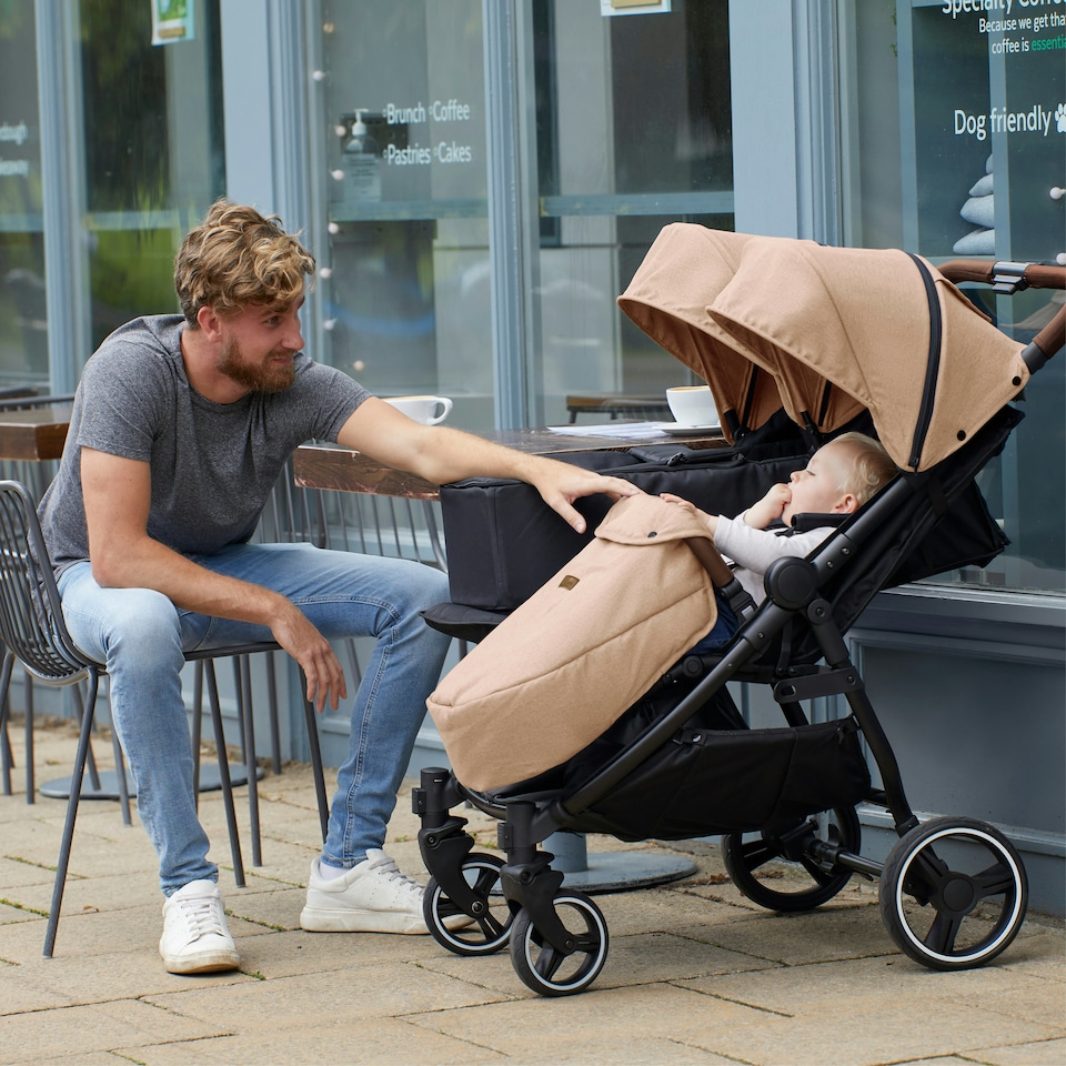 image 1 of Venus Prime Double Stroller - Birth to 15kgs (Approx. 3 Years), Lightweight, One Hand Fold, Newborn Cocoon, 2 Quilted Footwarmers & Rain Cover (Biscuit)