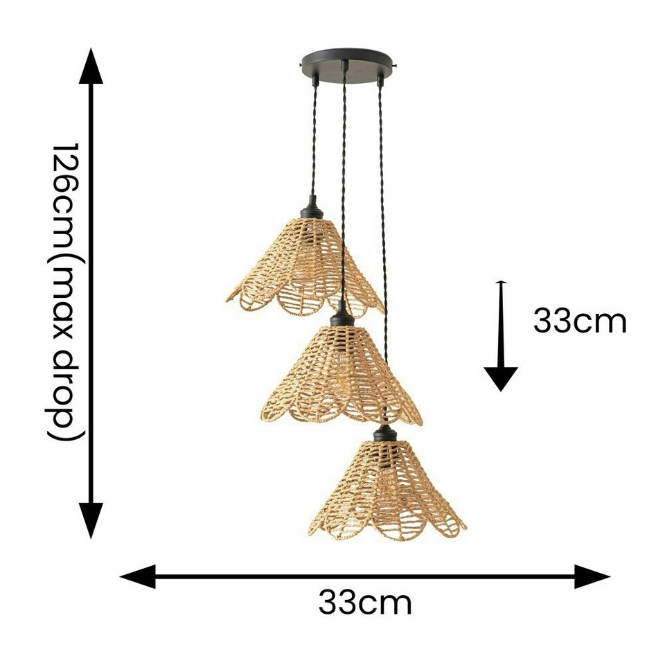 image 1 of ValueLights Vine Rattan Flower Shade 3 Drop Cluster Black Ceiling Pendant Light with Bulbs Black
