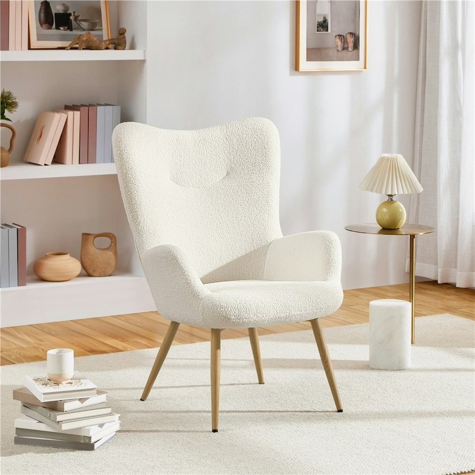 image 1 of Yaheetech Boucle Accent Chair with Wood-tone Metal Legs White | Ivory
