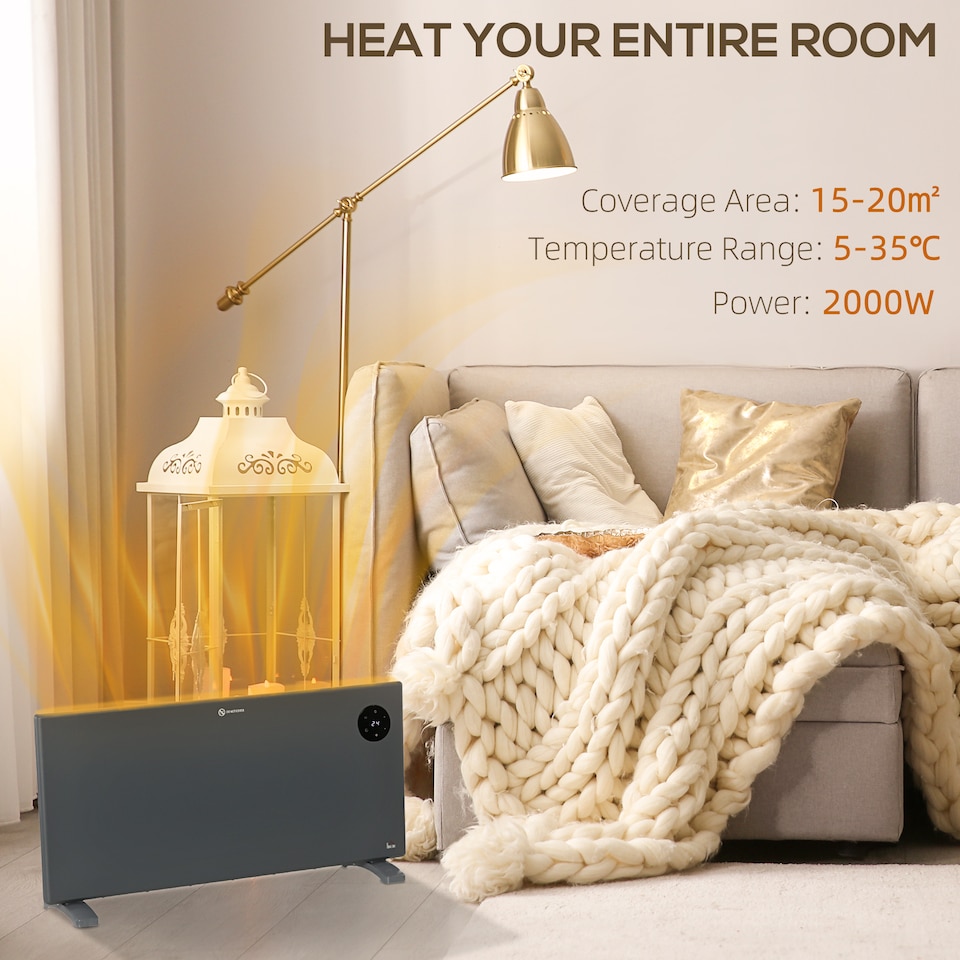 image 1 of HOMCOM 2000W Electric Panel Heater, Freestanding or Wall Mounted, Convector Heater with LED Display, Open Window Detection, Timer, Overheat Protection, Remote Control, Grey
