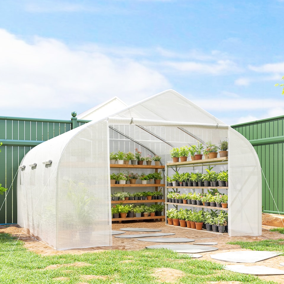 image 1 of Outsunny Walk-In Polytunnel Greenhouse w Roll Up Door Windows, 4.5x3x2 m White