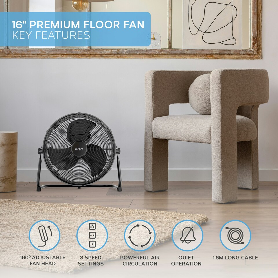 image 1 of Air Pro 16" Floor Fan 3 Speed Setting & Adjustable Tilt Indoor Electric Fan with Metal Blade & Body 1.6m Long Cable - Black