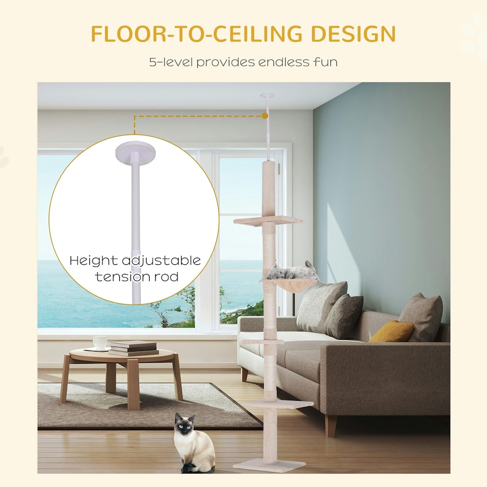 image 1 of PawHut Floor to Ceiling Cat Tree 5-Tier Climbing Tower Scratching Post Beige