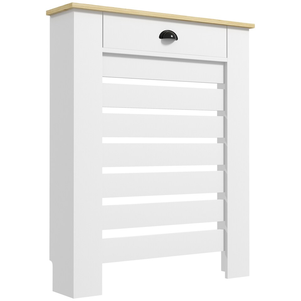image 1 of HOMCOM Radiator Cover with Drawer, Horizontal Slat, 78cm, White | White | White with wood-effect top | 1