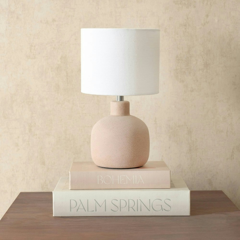 image 1 of ValueLights Chelsea Natural Linen Shade Hand Finished Sandblast Natural Ceramic Table Lamp | Cream