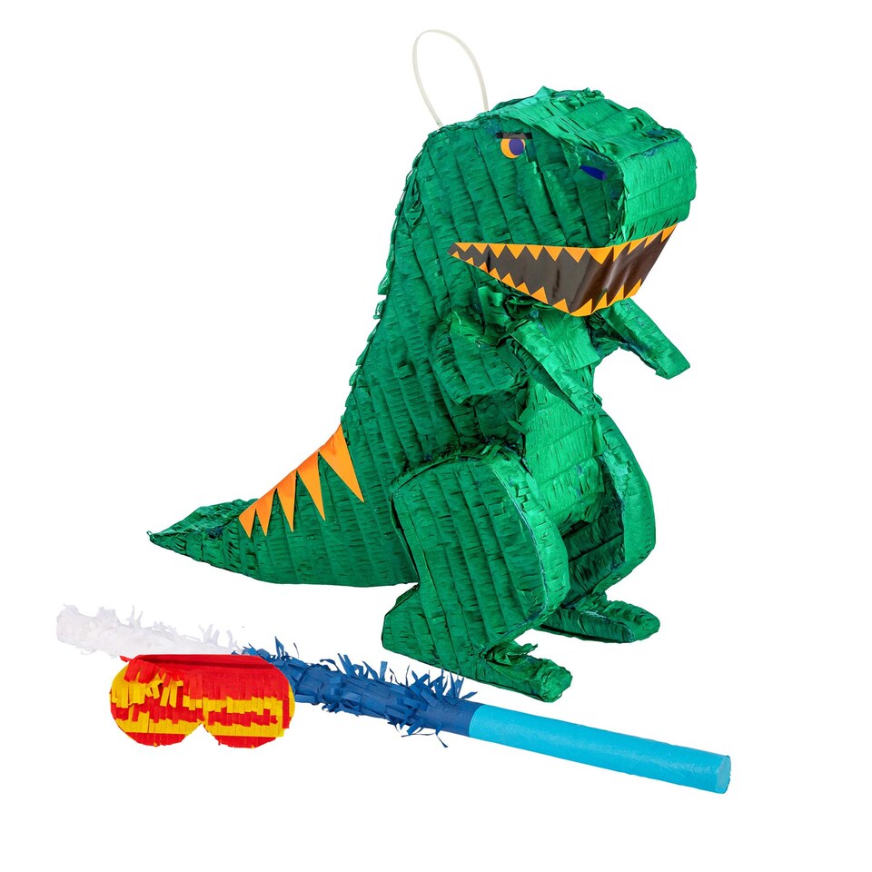 image 1 of Fax Potato 3pc Dinosaur Pinata Set with Stick & Blindfold - Blue Stick