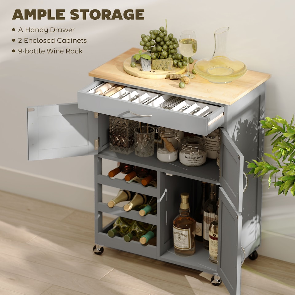 image 1 of HOMCOM Modern Kitchen Trolley, Rolling Island Storage Cart with Drawer, 9-bottle Wine Rack, Door Cabinets, Wooden Countertop, Grey