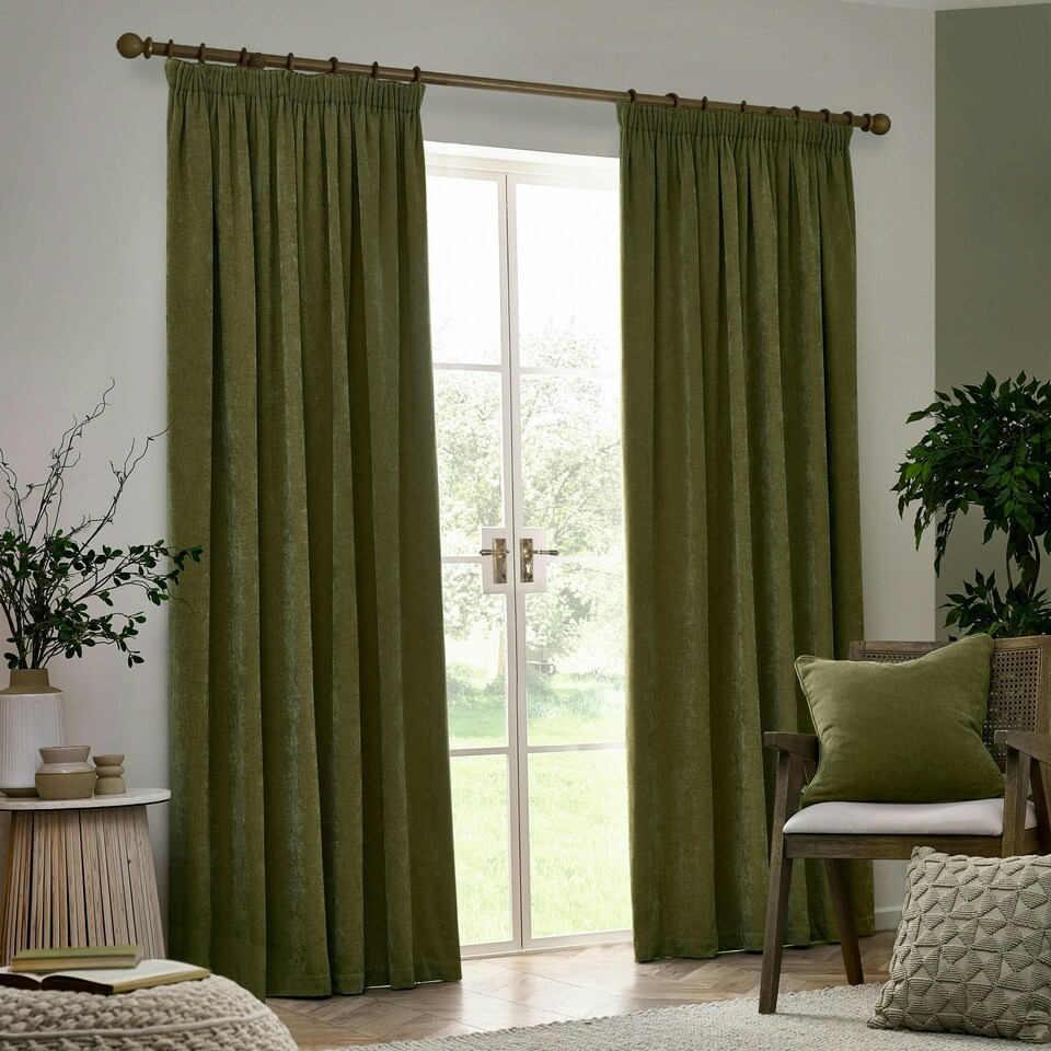 image 1 of Yard Heavy Chenille Velvet Olive Pencil Pleat Curtains  117 x 137cm Multi