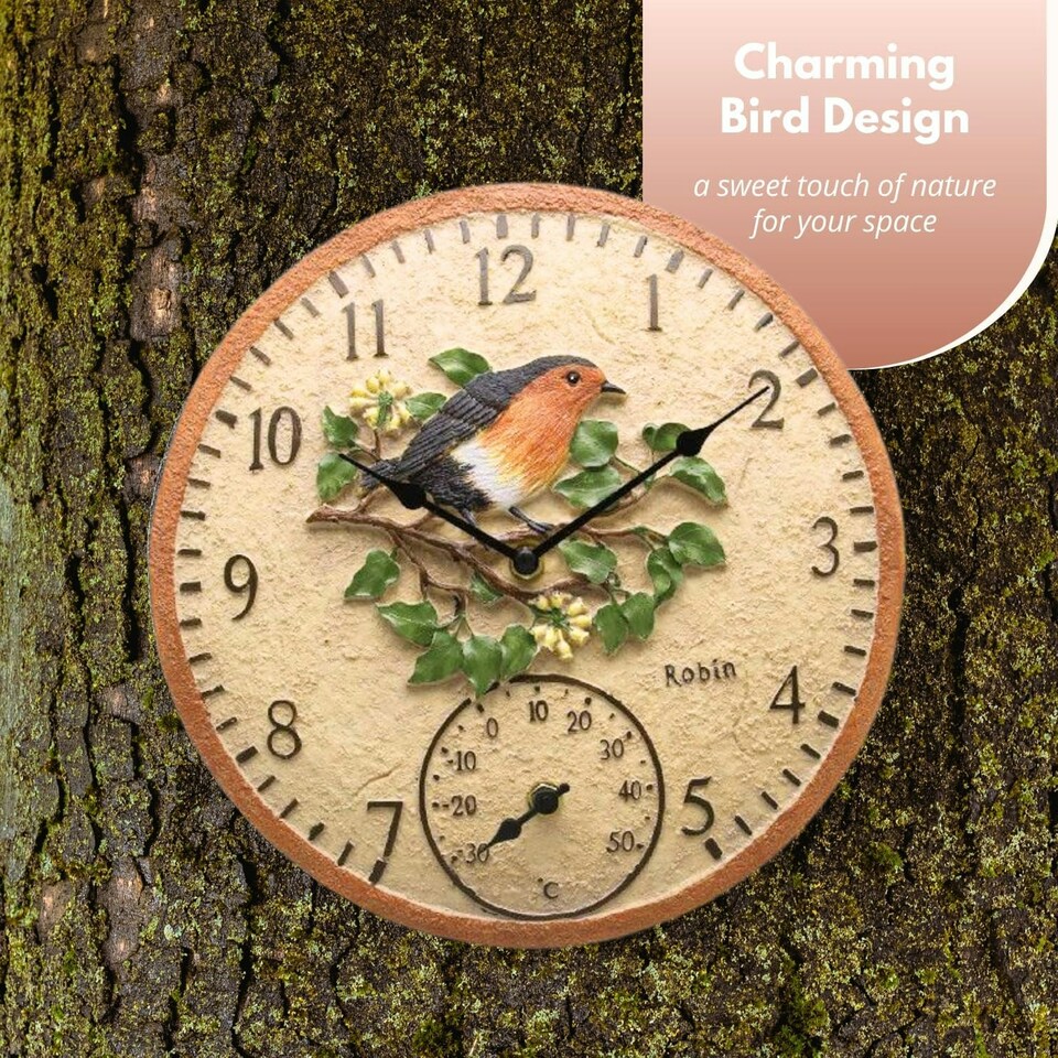 image 1 of Marco Paul 30cm Robin Garden Clocks with Thermometer N/A