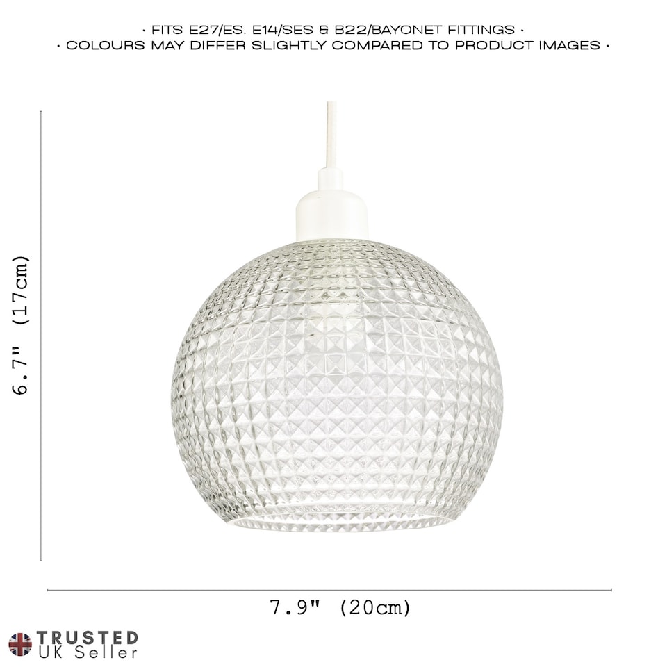 image 1 of Modern Spherical Clear Glass Pendant Light Shade with Square Diamond Ridges | Clear