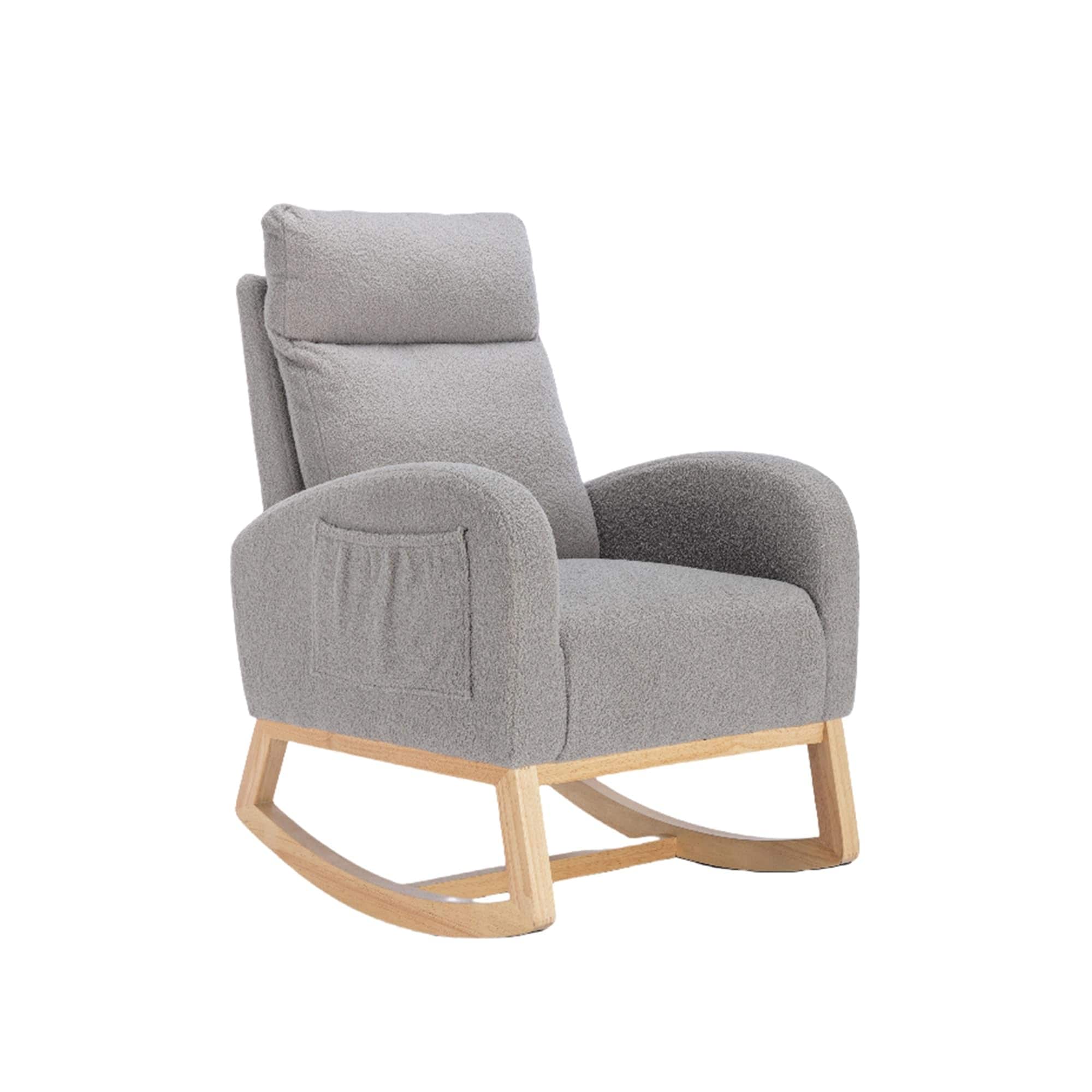 London Boutique Light Grey Teddy Fabric Rocking Chair Mid Century Modern Ergonomic Upholstered Lounge Armchair Nursing Relax Chair for Living Room Bed