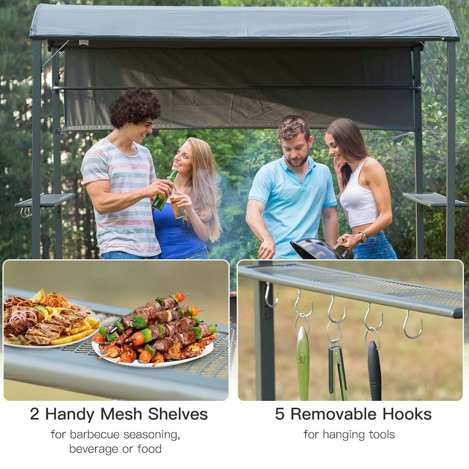 image 1 of Outsunny 7ft Outdoor Double-tier BBQ Grill Canopy Gazebo w/ 2 Shelf, 5 Hooks