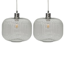 Set of 2 Batley Large - Clear Ribbed Glass Easy Fit Pendant Shades | Clear | Medium | 2