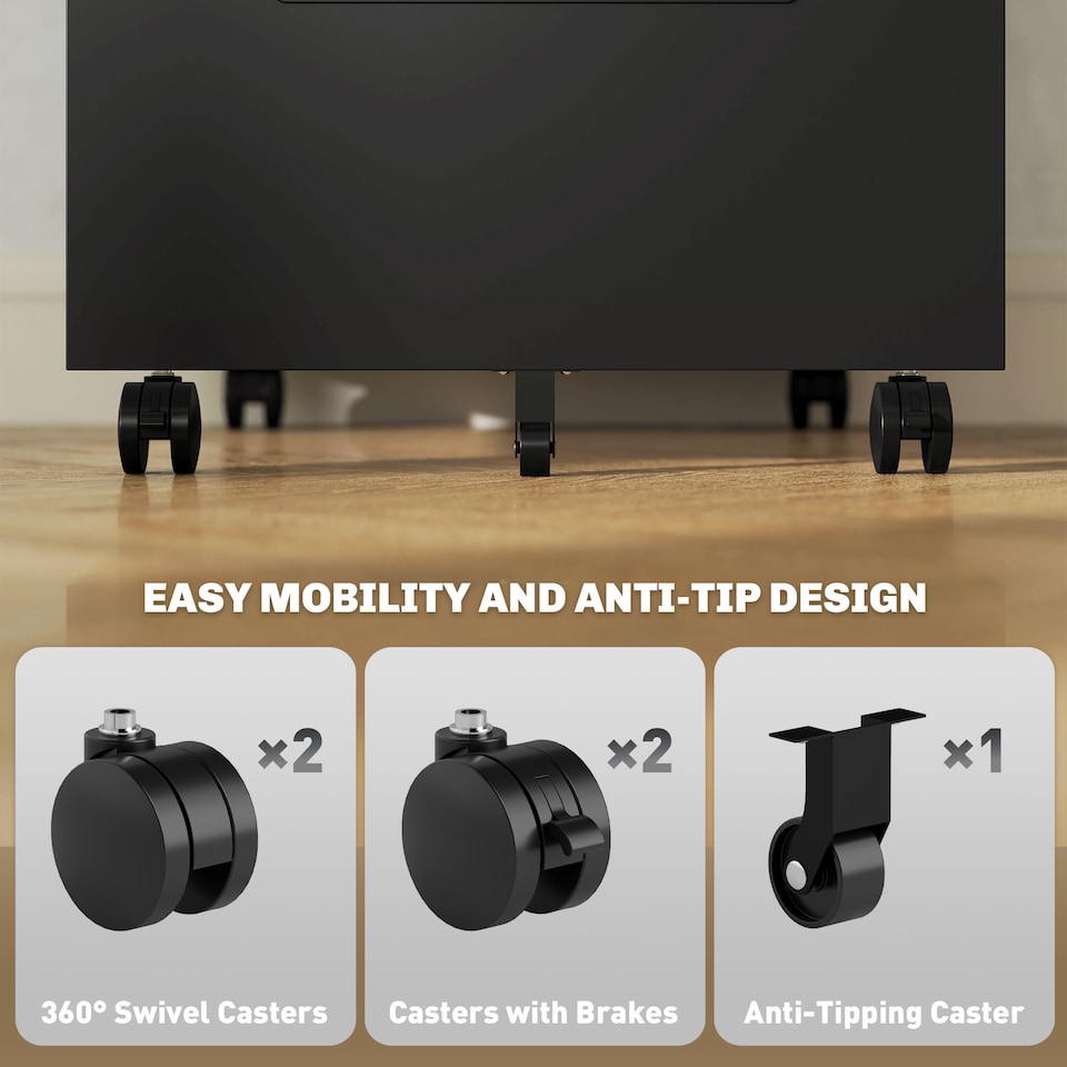 image 1 of Vinsetto 3 Drawer Mobile File Cabinet, Metal Filing Cabinet with Lock and 5 Wheels for A4 Legal Letter Sized Documents, Hanging File Folders, Pre-Assembled Body, 39 x 48 x 60 cm, Black | Black | Black