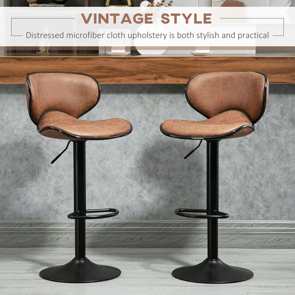 image 1 of HOMCOM Bar Stool Set of 2 Microfiber Cloth Adjustable Armless Chairs Brown