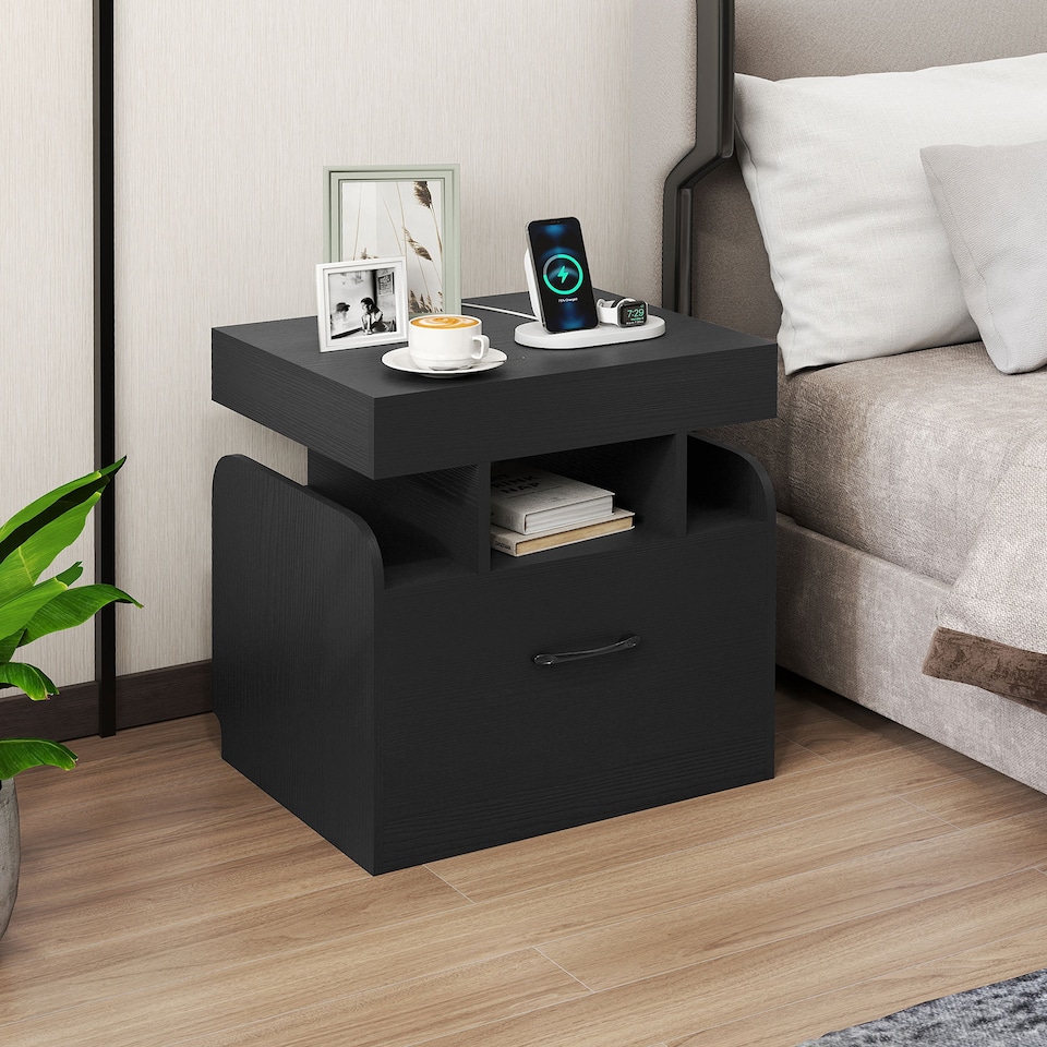 image 1 of COSTWAY Nightstand Bedside Table with Drawer   Sliding Top Storage Black
