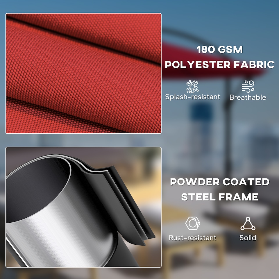 image 1 of Outsunny 3m Garden Banana Parasol Hanging Cantilever Umbrella with Crank Handle, 8 Ribs and Cross Base for Outdoor, Sun Shade, Wine Red