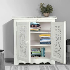 Topfurnishing Natural Hand Made Indian Mango Wood Shoe Cupboard Unit Cabinet 59 x 36.5 x 61 cm White