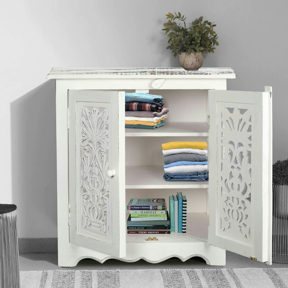 image 1 of Topfurnishing Natural Hand Made Indian Mango Wood Shoe Cupboard Unit Cabinet 59 x 36.5 x 61 cm White