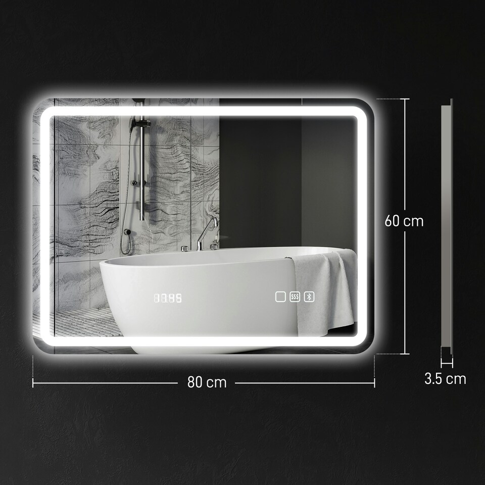 image 1 of HOMCOM 600 x 800 mm Illuminated Bathroom Mirror with Bluetooth Clock Silver | Silver | 80 x 60 x 3.5 cm | 1