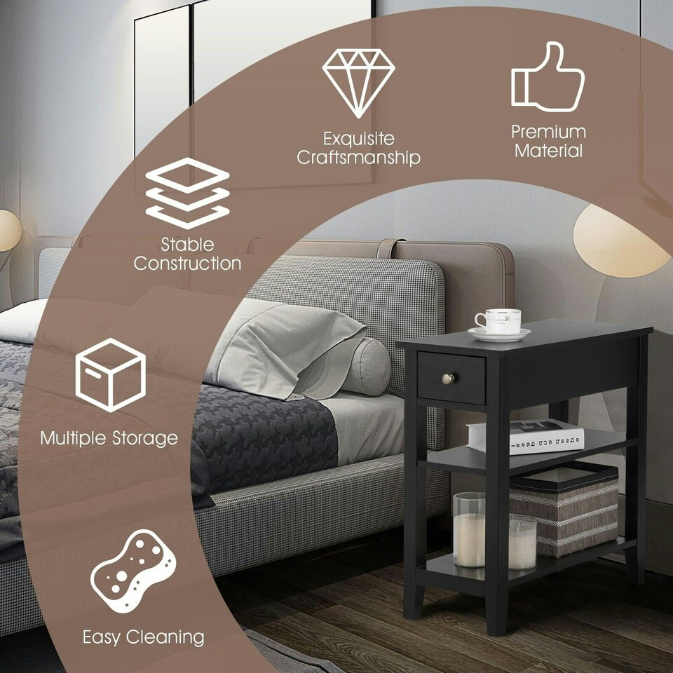 image 1 of COSTWAY 3-Tier End Table Sofa Bedside Table W/ Drawer Black