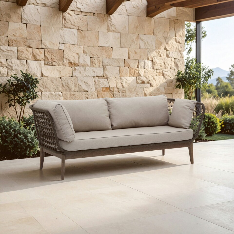 image 1 of Interiors by Premier Three Seat Sofa, Rattan Outdoor Sofa, Long Lasting Rattan Lounge Sofa for Living Room with Grey Cushioning Cream