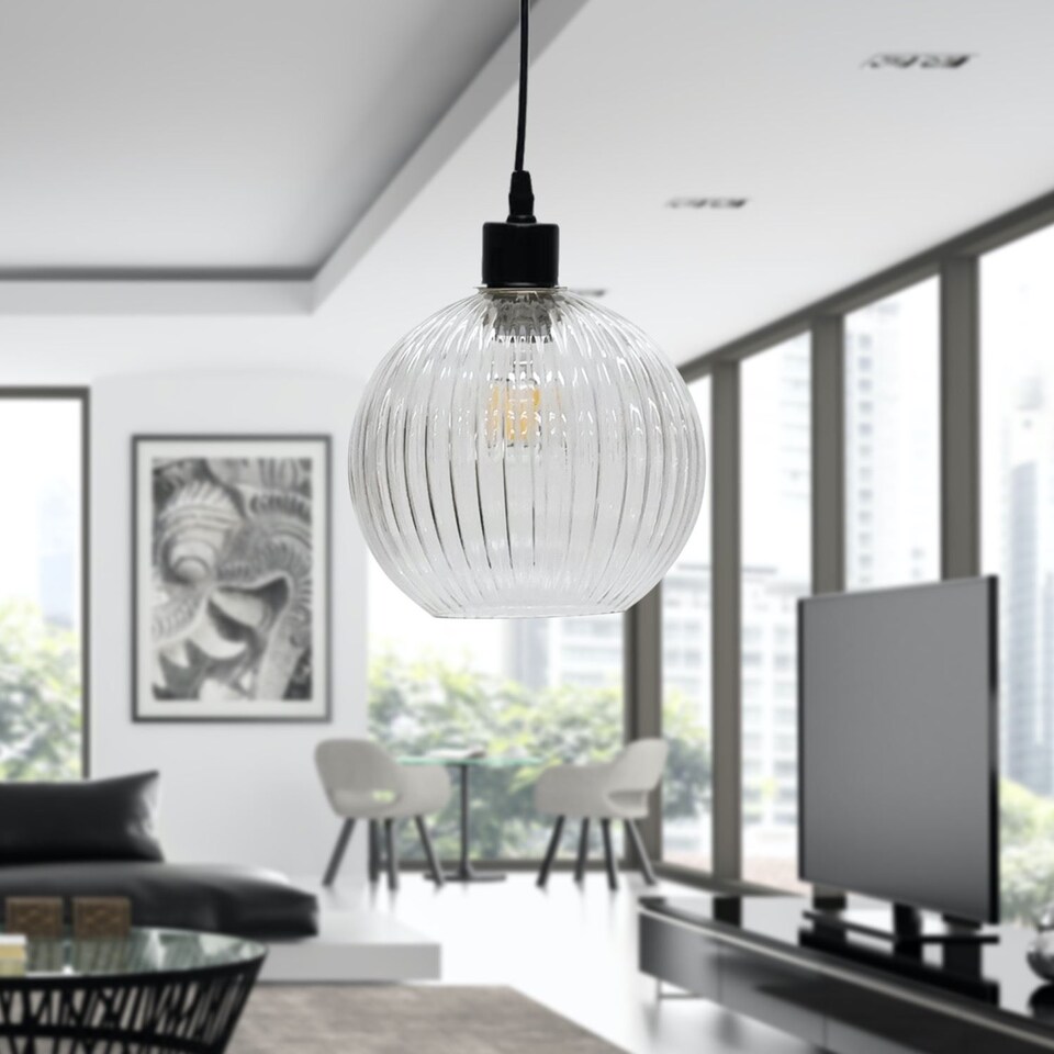 image 1 of Set of 2 Betchley - Clear Ribbed Glass Globe with Black Pendant Fittings | Clear | Clear | 2