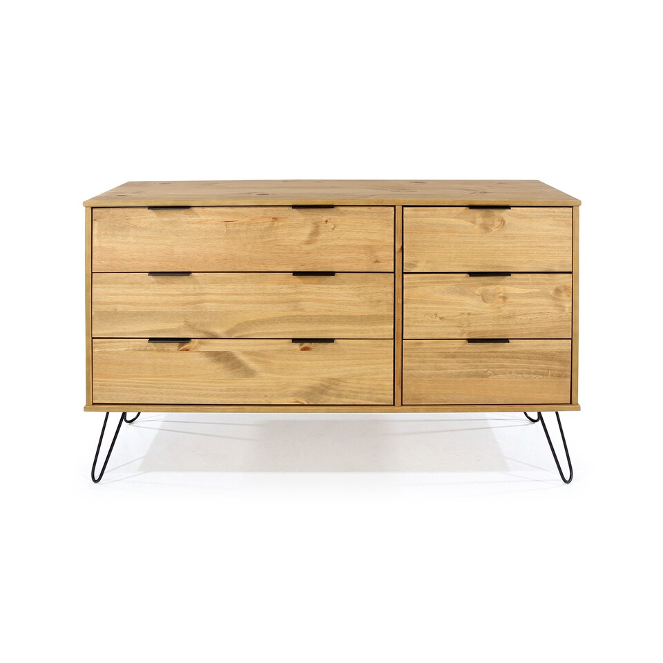 image 1 of Augusta Pine 3+3 Drawer Wide Chest of Drawers - Industrial Style Bedroom Storage Cabinet | Brown | Brown | One Size | 1