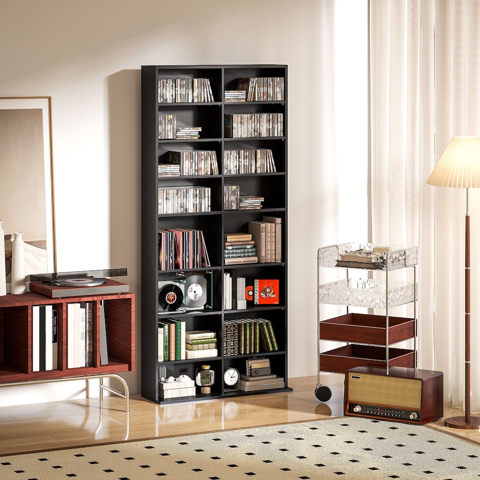 image 1 of HOMCOM 640 CD360 DVD Storage Unit, Blu-ray Media Storage Shelf with 18 Compartments and 14 Adjustable Shelves, CD Tower for Living Room, Bedroom, Office, Black | Black