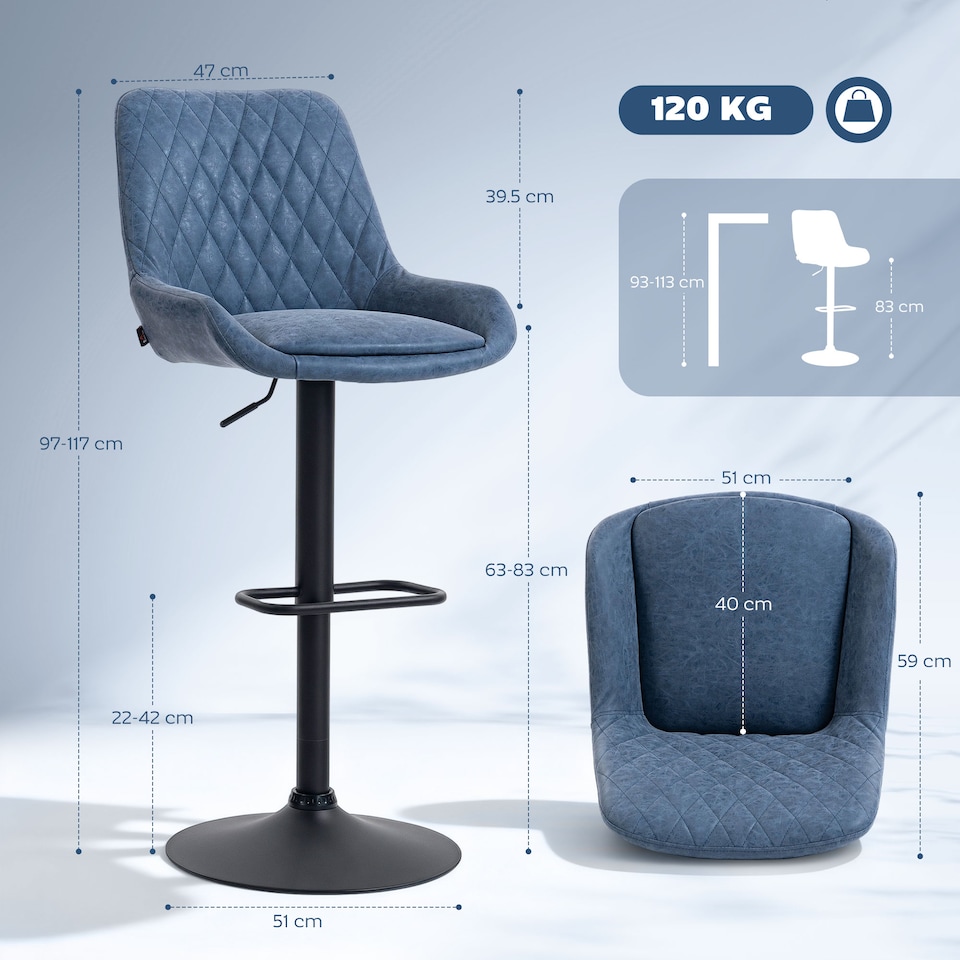 image 1 of HOMCOM Breakfast Bar Stools Set of 2 with 51x40cm Wide Seat, Height Adjustable Kitchen Counter Chairs, Retro Swivel Upholstered Barstools with Back, Footrest and Steel Base, Dark Blue | Blue | Blue