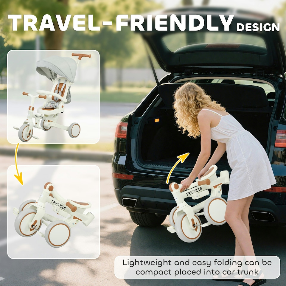 image 1 of AIYAPLAY 5 in 1 Foldable Kids Trike, Toddler Tricycle for 1-3 Years, Cream White