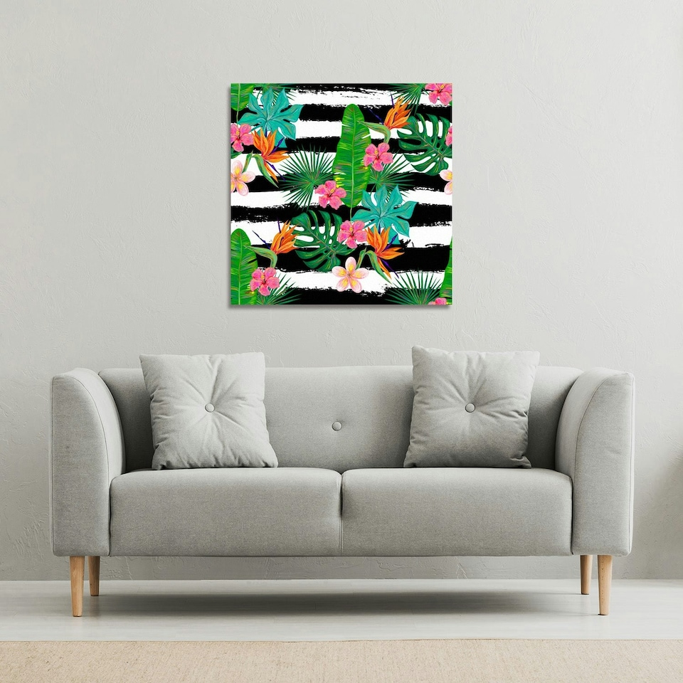 image 1 of Tropical Plants on Black & White Stripes (Canvas Print) 46 x 46 x 4cm