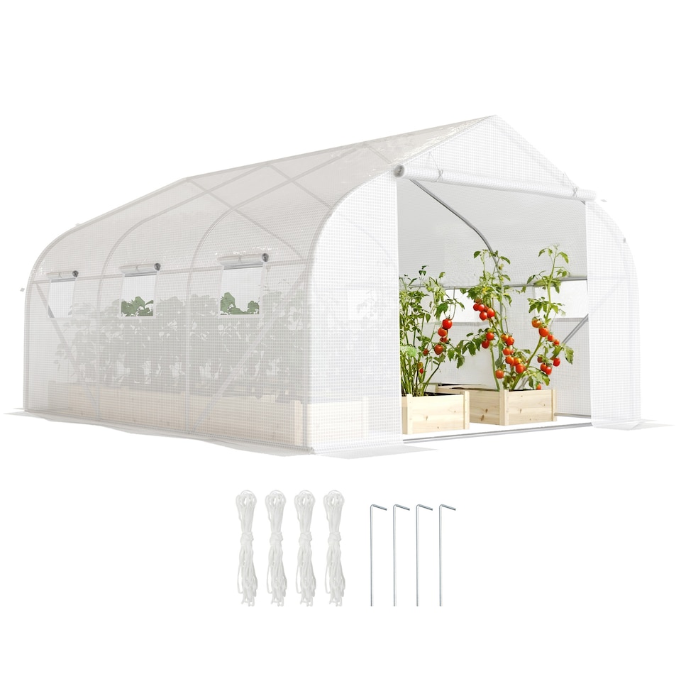 image 1 of Outsunny Walk-In Polytunnel Greenhouse w Roll Up Door Windows, 4.5x3x2 m White