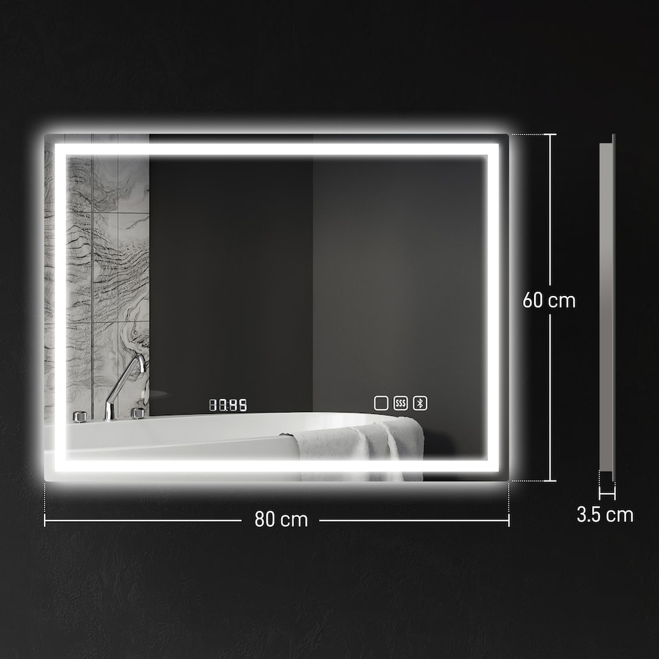 image 1 of HOMCOM 600 x 800 mm Bluetooth LED Bathroom Mirror, Illuminated Backlit Vanity Mirror with 3 Colours Dimmable, Clock, Anti-Fog, Memory Function, Touch Sensor, IP44 | Silver