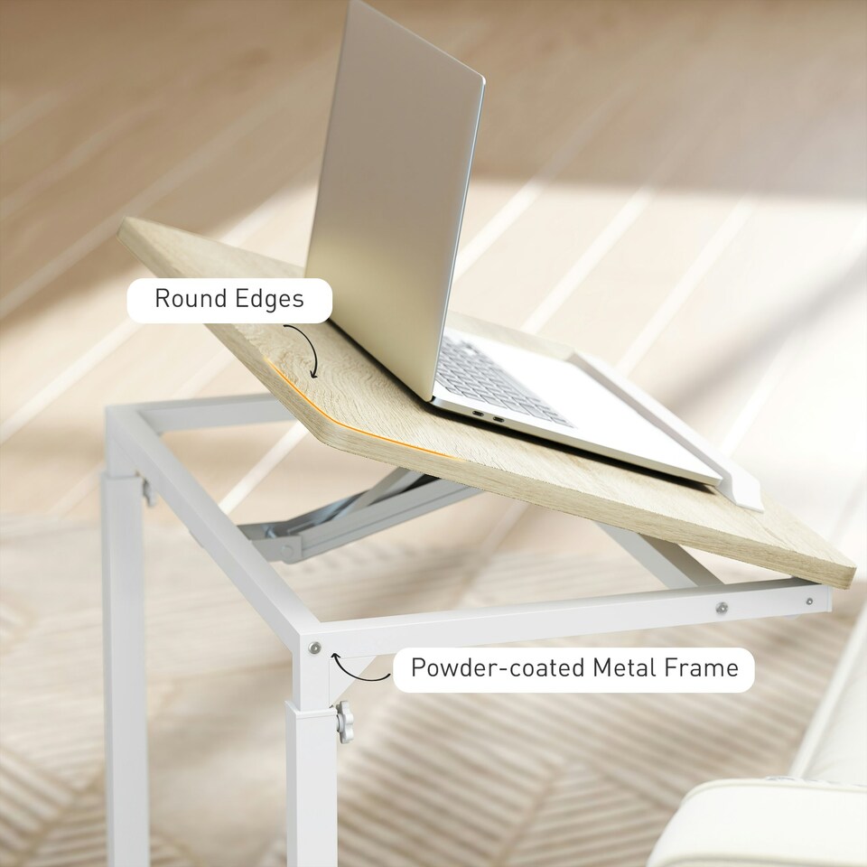 image 1 of HOMCOM C-Shaped Sofa Side Table, Height Adjustable Overbed Table, Oak | Brown | White | Adjustable height 62.5-82.5 cm | 1