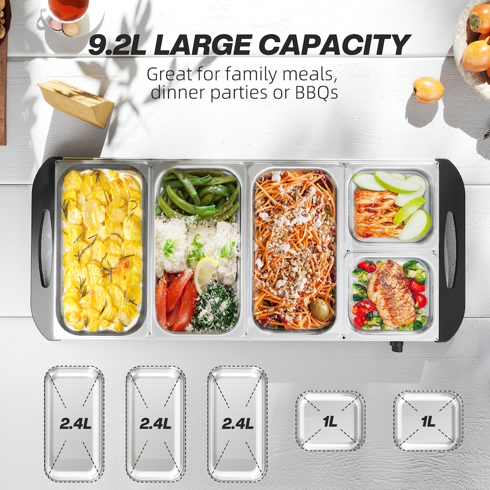 image 1 of HOMCOM Electric Food Warmer 5 Tray, 9.2L Buffet Server with Lids, Silver | Silver | Silver Tone